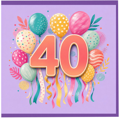 40th Birthday Card, Colourful Balloons and Confetti Design