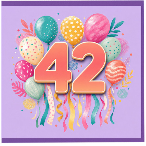 42nd Birthday Card, Colourful Balloons and Ribbons Design