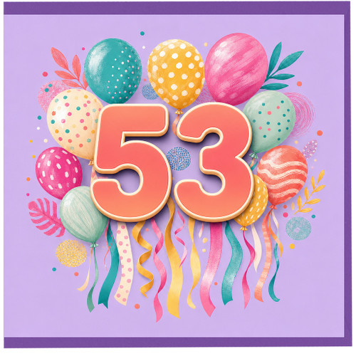 53rd Birthday Card, Colourful Balloons and Confetti Birthday Card