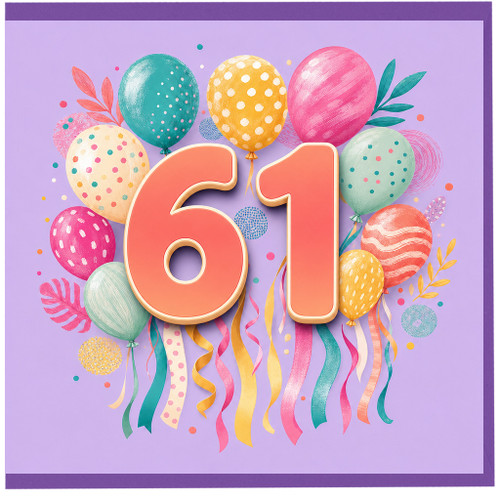 61st Birthday Card, Colourful Balloons and Confetti Design