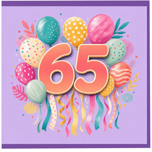 65th Birthday Card, Colourful Balloon and Confetti Design