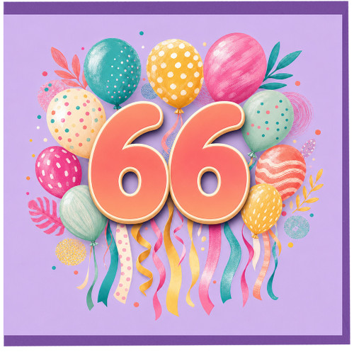 66th Birthday Card, Colourful Balloons and Large 66 Design