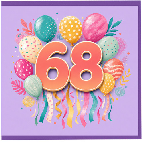 68th Birthday Card, Colourful Balloons and Confetti Design