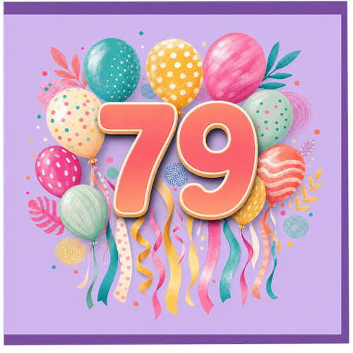 79th Birthday Card, Colourful Balloons and Confetti Celebration Card