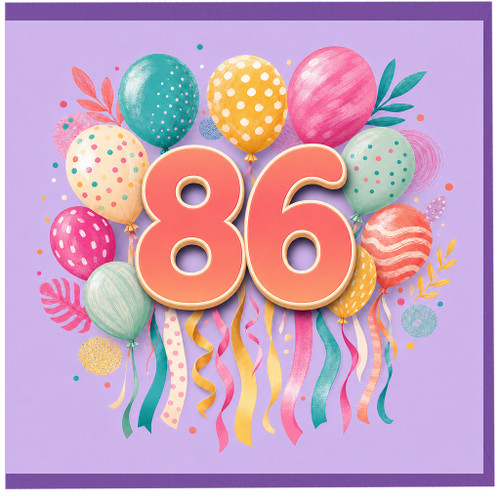 86th Birthday Card, Colourful Balloons and Confetti Design