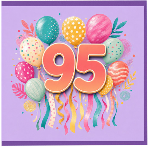 95th Birthday Card, Colourful Balloons and Confetti Design