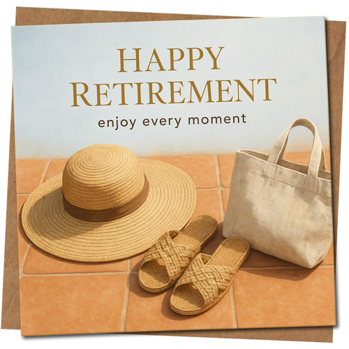 Happy Retirement Card - Enjoy Every Moment - Summer Hat & Sandals Design - 145mm x 145mm Square Greeting Card - Elegant Retirement Congratulations, Includes Kraft Envelope