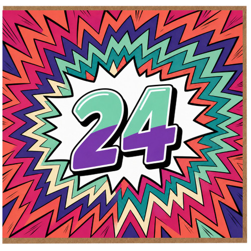24th Birthday Card, Bold Colourful Comic Burst Design