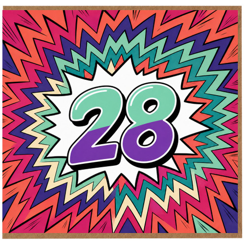 28th Birthday Card, Bold Comic Style Colourful Starburst Design