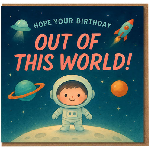 Astronaut Birthday Card for Kids - Out of This World Space Rocket Design - Cute Children’s Birthday Card with Planets and UFO, Boy or Girl