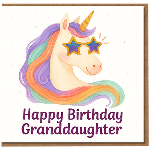 Granddaughter Birthday Card - Cute Unicorn with Star Sunglasses and Rainbow Mane - Happy Birthday Granddaughter - Kids Girls Card