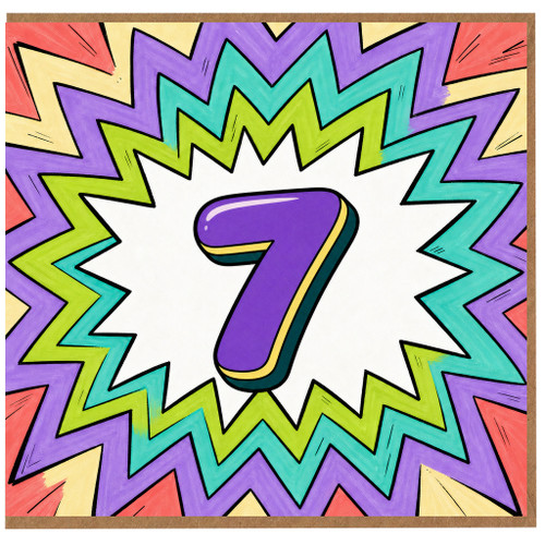 7th Birthday Card, Colourful Comic Style Number 7 Card