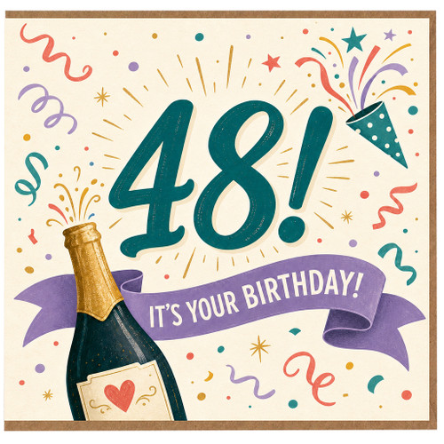48th Birthday Card, Fun Confetti and Champagne Celebration Card