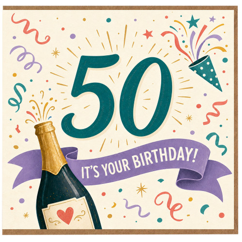 50th Birthday Card, It's Your Birthday Celebration Card with Champagne and Confetti