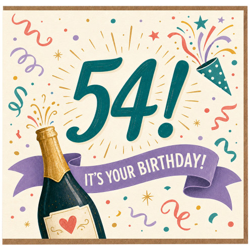 54th Birthday Card, Colourful Champagne and Confetti Birthday Card