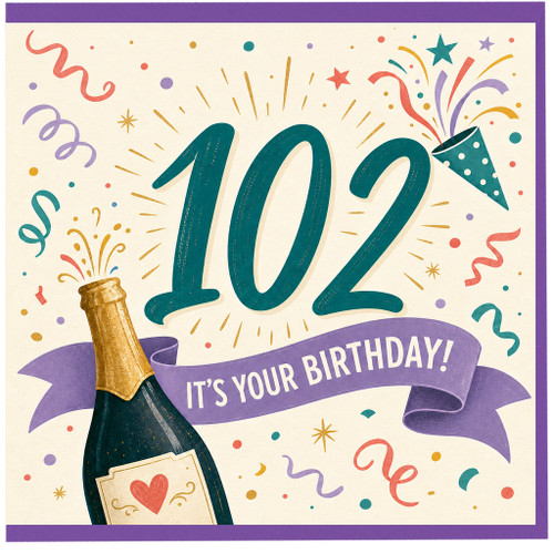 102nd Birthday Card, Fun Colourful Party Design