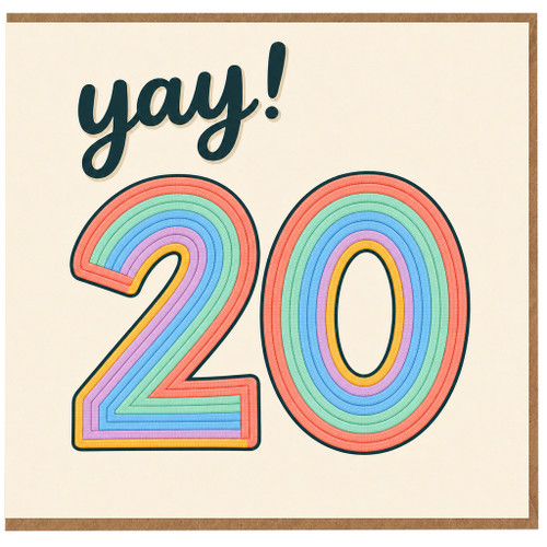 20th Birthday Card, Yay Rainbow Number 20 Card