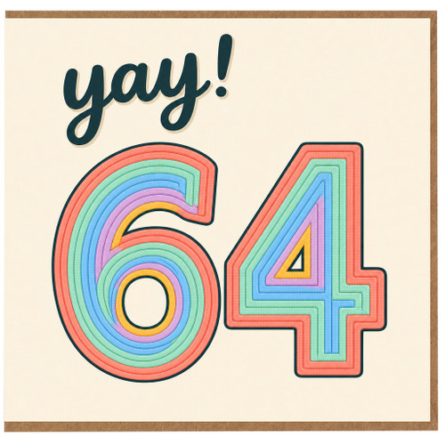 64th Birthday Card, Yay! Rainbow Retro Birthday Card