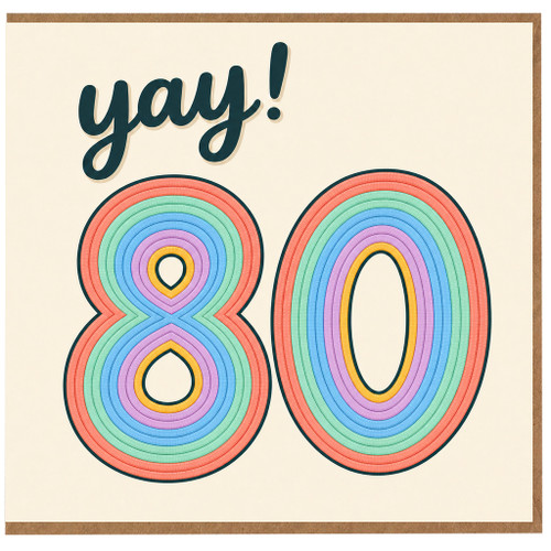 80th Birthday Card, Yay! Rainbow Number 80 Card