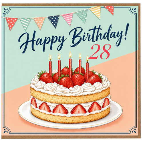 28th Birthday Card, Happy Birthday Strawberry Cake Card