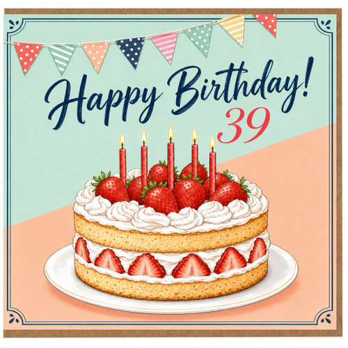 39th Birthday Card, Happy Birthday Strawberry Cake Card