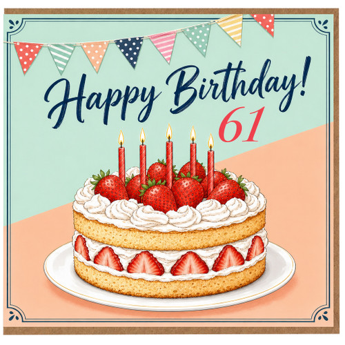 61st Birthday Card, Strawberry Cake Happy Birthday Card