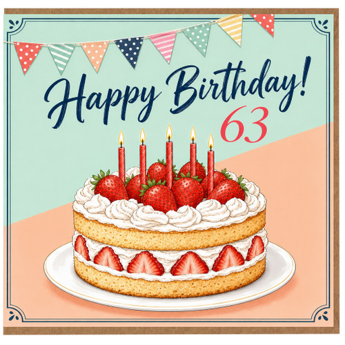 63rd Birthday Card, Happy Birthday Strawberry Cake Card