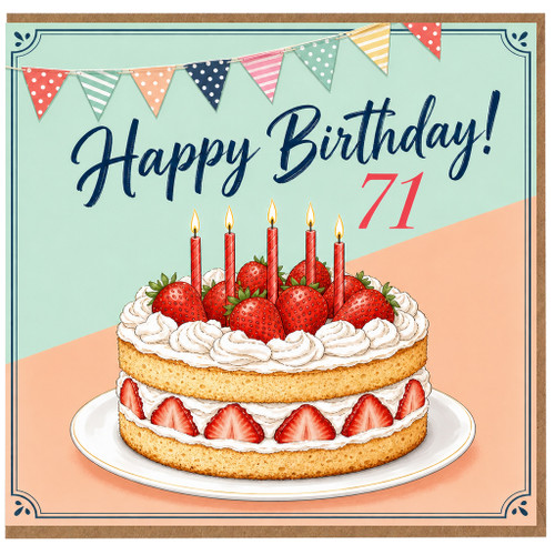 71st Birthday Card, Happy Birthday 71 Cake and Bunting Greeting Card