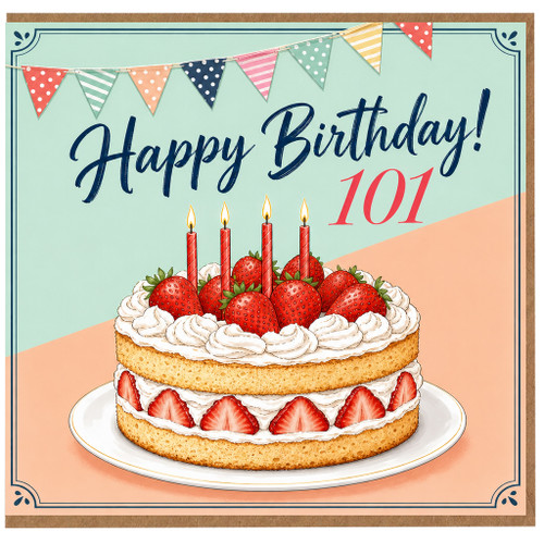 101st Birthday Card, Happy Birthday Strawberry Cake Card