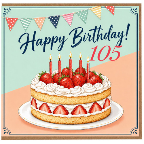 105th Birthday Card, Happy Birthday Card with Strawberry Cake Design