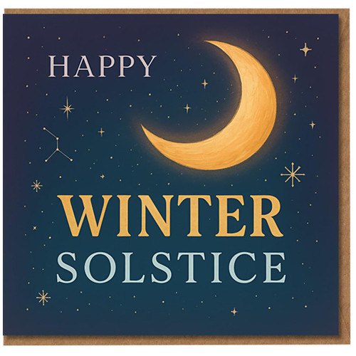 Happy Winter Solstice Card - Celestial Crescent Moon and Stars Design - Seasonal Yule Greeting for Friends and Family - Blank Inside