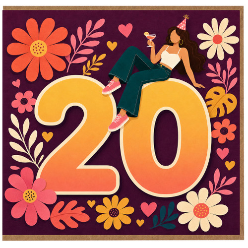 20th Birthday Card, Floral Retro Fashion Design