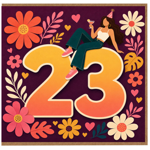 23rd Birthday Card, Retro Floral Party Design
