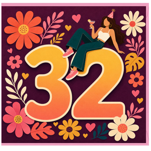 32nd Birthday Card, Stylish Woman on 32 Design, Birthday Card for Her