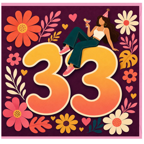 33rd Birthday Card, Colourful Retro Floral Party Card