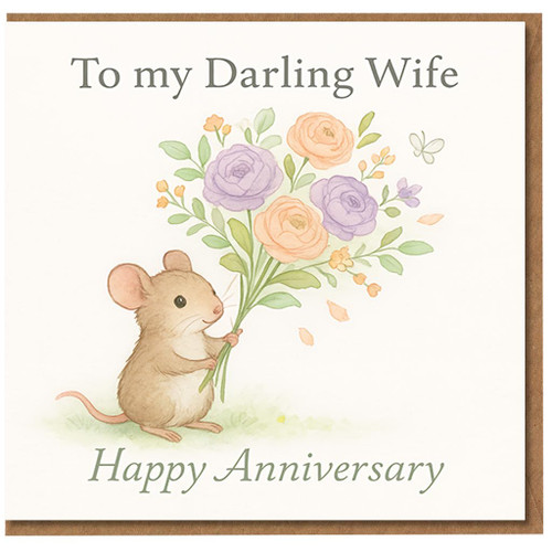 To My Darling Wife Anniversary Card - Cute Mouse and Flowers - Romantic Happy Anniversary Greeting Card for Wife