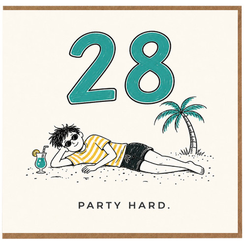 28th Birthday Card, Party Hard Beach Party Design