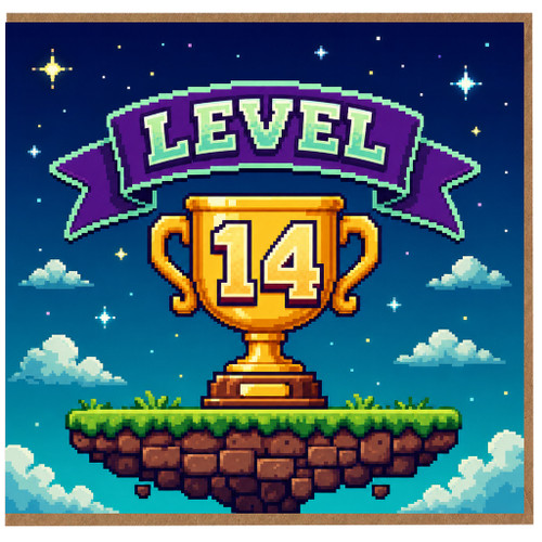 14th Birthday Card, Gaming Level 14 Trophy Design