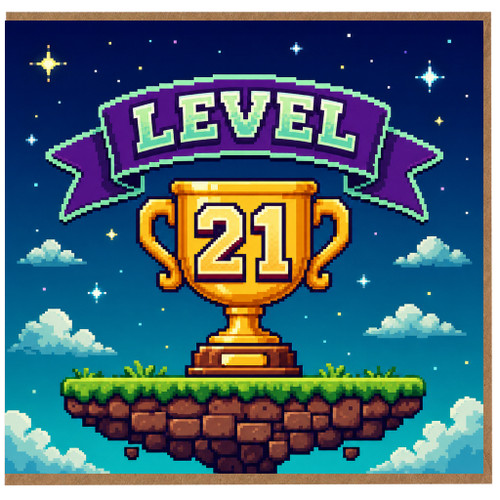 21st Birthday Card, Pixel Art Level 21 Trophy Design