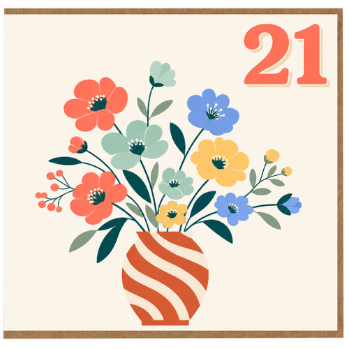 21st Birthday Card, Colourful Floral Bouquet with Vase Design
