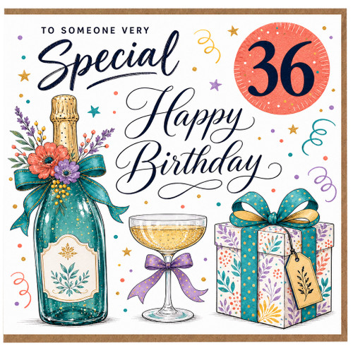 36th Birthday Card, To Someone Very Special Happy Birthday Card with Champagne Bottle, Gift and Floral Design