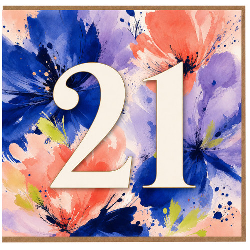 21st Birthday Card, Floral Watercolour Number 21 Card