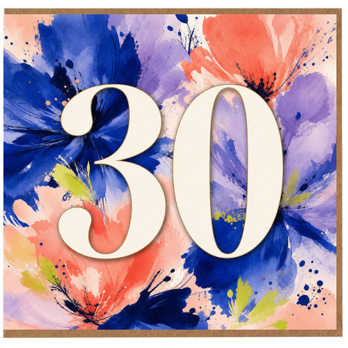 30th Birthday Card, Floral Watercolour Number 30 Card