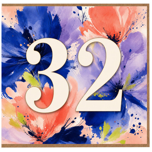 32nd Birthday Card, Watercolour Floral Number 32 Card