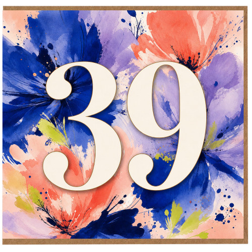 39th Birthday Card, Floral Watercolour Number 39 Card
