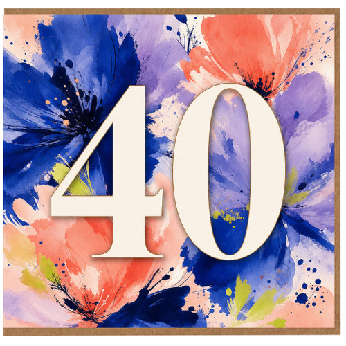 40th Birthday Card, Floral Watercolour Forty Card