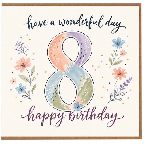 8th Birthday Card, Floral Pastel Number 8 Happy Birthday Card
