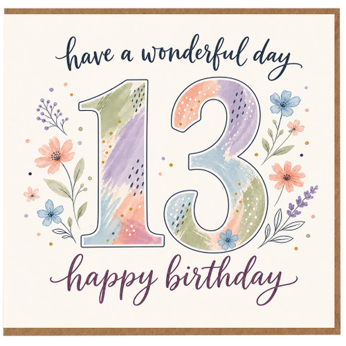13th Birthday Card, Have a Wonderful Day Happy Birthday Card with Floral Watercolour Design