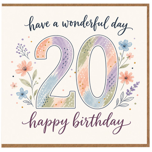 20th Birthday Card, Floral Have a Wonderful Day Happy Birthday Card