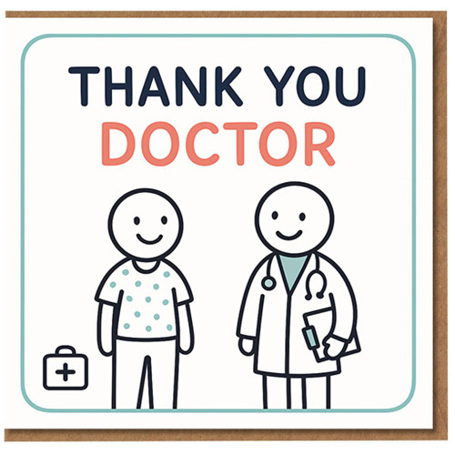 Thank You Doctor Card - Cute Cartoon Patient & Doctor Illustration - Appreciation Card for GP, Surgeon or Medical Staff - Blank Inside